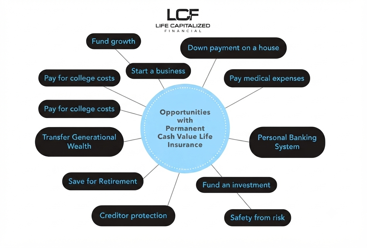 Opportunities with permanent cash-value life insurance: fund growth, start a business, pay for college costs, down payment on a house, pay medical expenses, personal banking system, fund an investment, manage risk, creditor protection, save for retirement, transfer generational wealth.